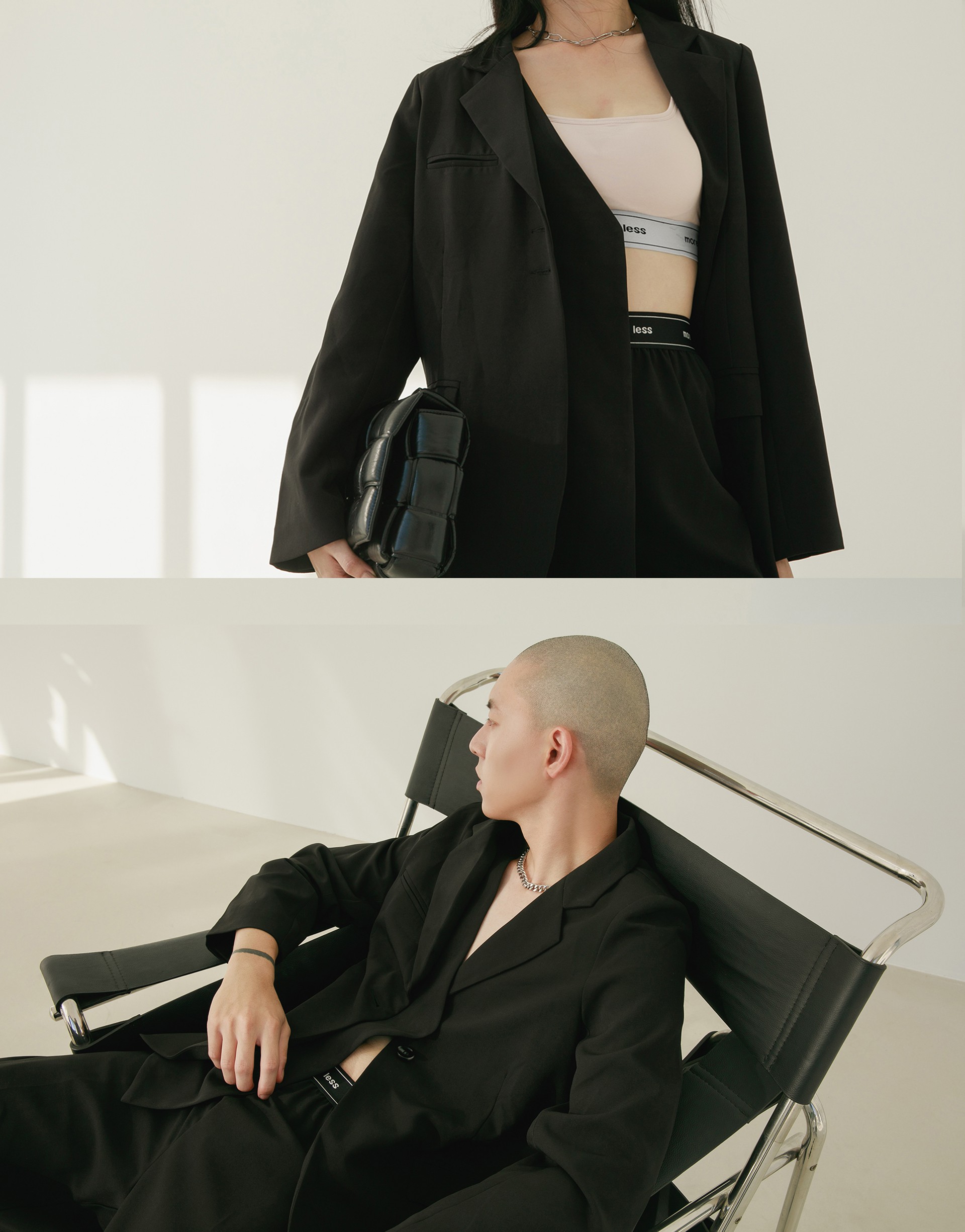 質感挺度布料/前面內部不對稱單層造型/左胸內袋設計/兩側有口袋/薄墊肩修飾肩型/後下擺開岔設計