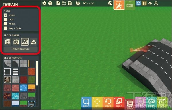 11.當在「5-Terrain」中勾選「Create」則會插入3D立體地磚，甚至能在「Block Shape」區域選擇不同立體形狀、並能透過「Rotate Shape」鍵變更角度。