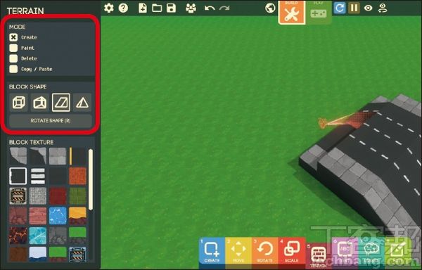 11.當在「5-Terrain」中勾選「Create」則會插入3D立體地磚，甚至能在「Block Shape」區域選擇不同立體形狀、並能透過「Rotate Shape」鍵變更角度。