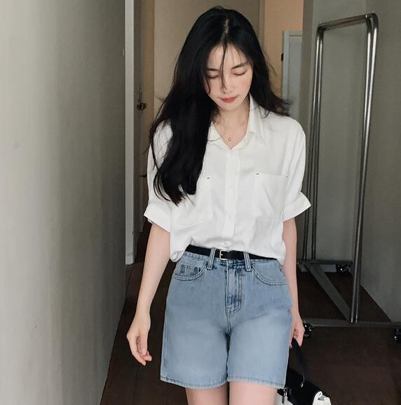 正韓韓國 口袋縫線亞麻襯衫上衣 夏季短袖 卡其/深藍/白 CICIGO-0706-029