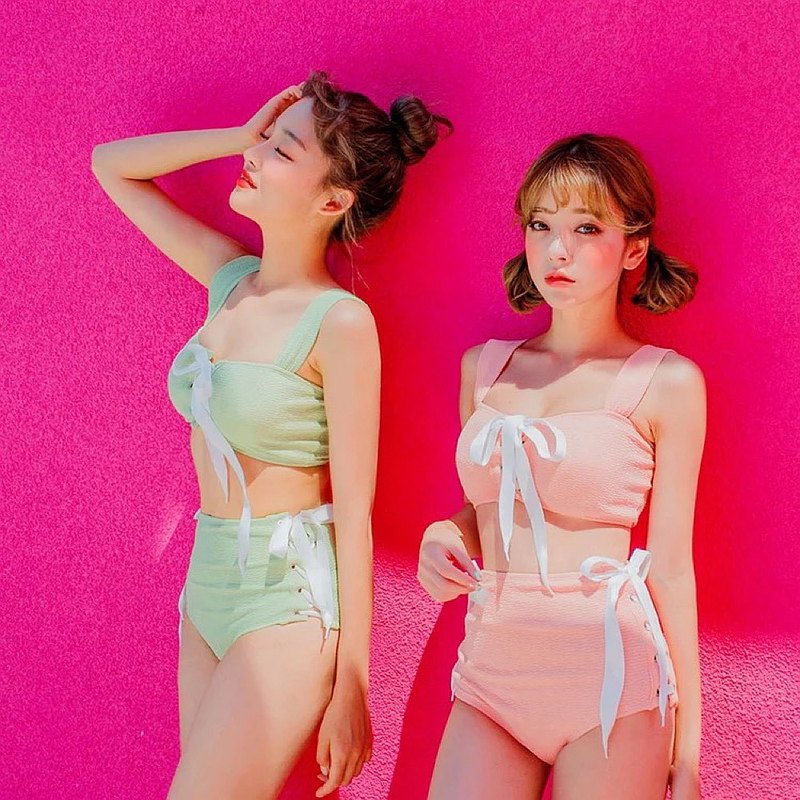 。美人物語。復古微露性感綁帶比基尼Bikini泳衣超甜渡假海邊泳裝 尺碼：M / L / XL