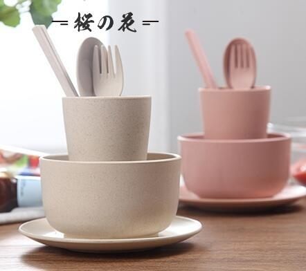 全館83折 小麥秸稈餐具 兒童碗筷六件套 環保健康寶寶輔食米飯碗勺筷叉套裝【櫻花本鋪】