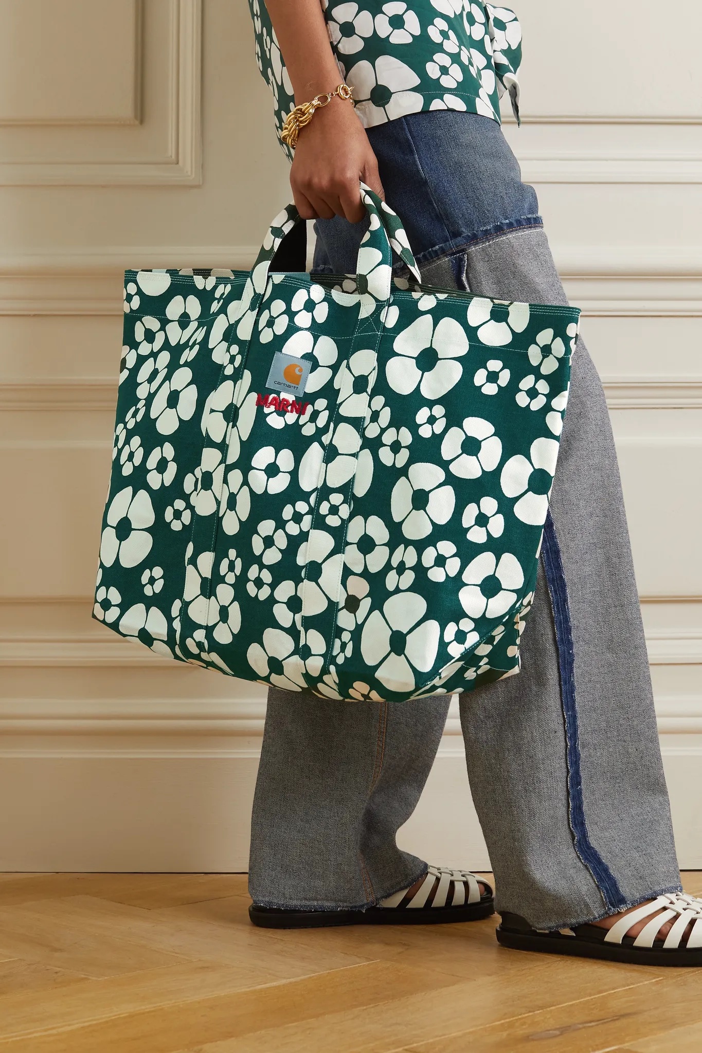 Marni x Carhartt WIP 刺繡花卉印花棉質帆布手提包