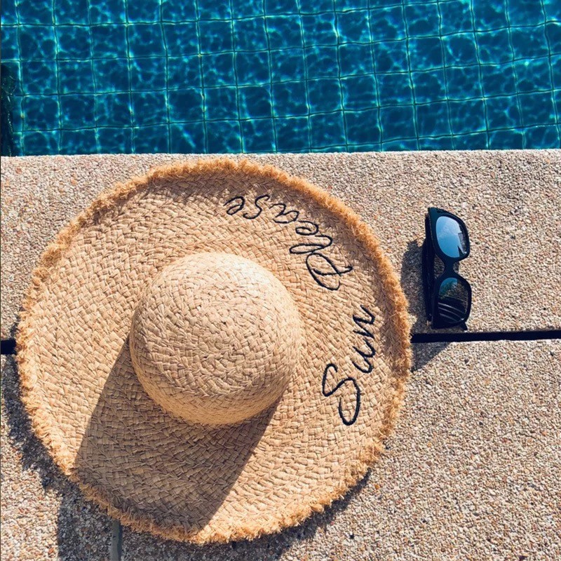 海邊渡假必備字母刺繡毛邊大草帽沙灘帽