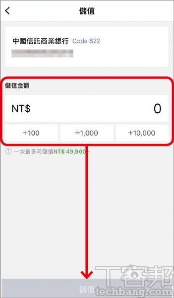 4.輸入要儲值的金額後，點下方的「儲值」即馬上入帳，注意LINE Pay一卡通帳戶內的餘額上限是五萬元。