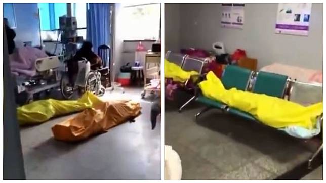 武漢肺炎疫情似乎已經失控，有民眾在醫院內拍攝影片，發現病房地上或是候診室外的椅子上，隨即可見屍袋擺在現場。(圖／翻攝自亞洲自由電台推特)