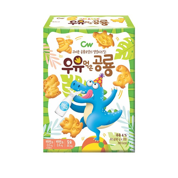 各種可愛的恐龍造型餅乾，添加牛奶成分。被稱為喝牛奶的恐龍餅乾。在享受餅乾美味的同時，又可以讓小朋友們學習恐龍知識，並且產品中含有維生素B1, 維生素B2，鈣等營養成分。香甜酥脆，可以直接吃，也可以泡牛
