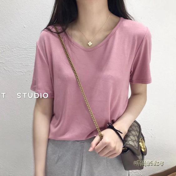 2019夏新款網紅ins白色V領T恤女莫代爾冰棉垂感短袖上衣寬鬆面膜T「時尚彩虹屋」