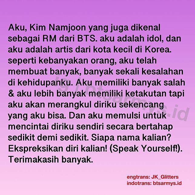 Bts Bicara Di Sidang Pbb Ini Terjemahan Bahasa Indonesia Pidato Yang Dibawakan Leader Rm Tribun Style Line Today