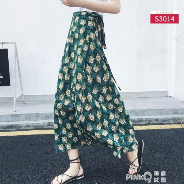 一片式半身裙女夏中長款不規則海邊沙灘泰國度假雪紡繫帶碎花裹裙 （PINKQ）
