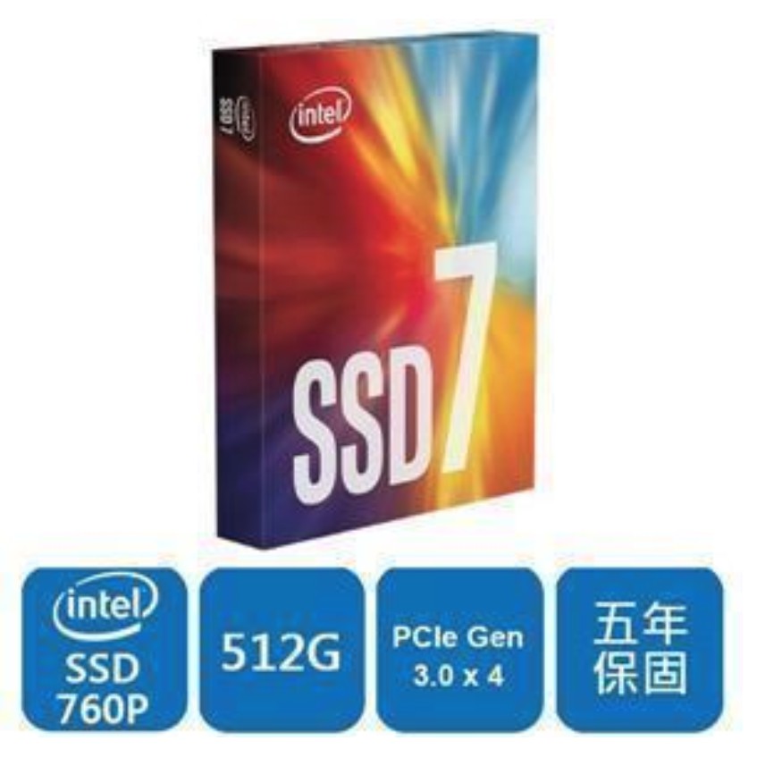 Intel 760p 512G M.2 PCIe3.0 NVMe SSD 固態硬碟讀取速度高達 3230MB/s寫入速度高達 1625MB/s隨機讀取高達 340,000 IOPS隨機寫入高達 275