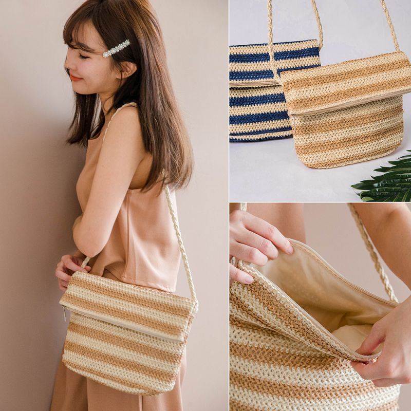 ★現貨折100★原價499現折100-$399★miustar 度假風！橫條配色對摺竹編包(共2色)0609 預購【nh1004】