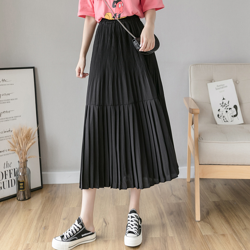 白色百褶裙中長款女2020新款a字遮胯學生溫柔ins風百搭半身裙