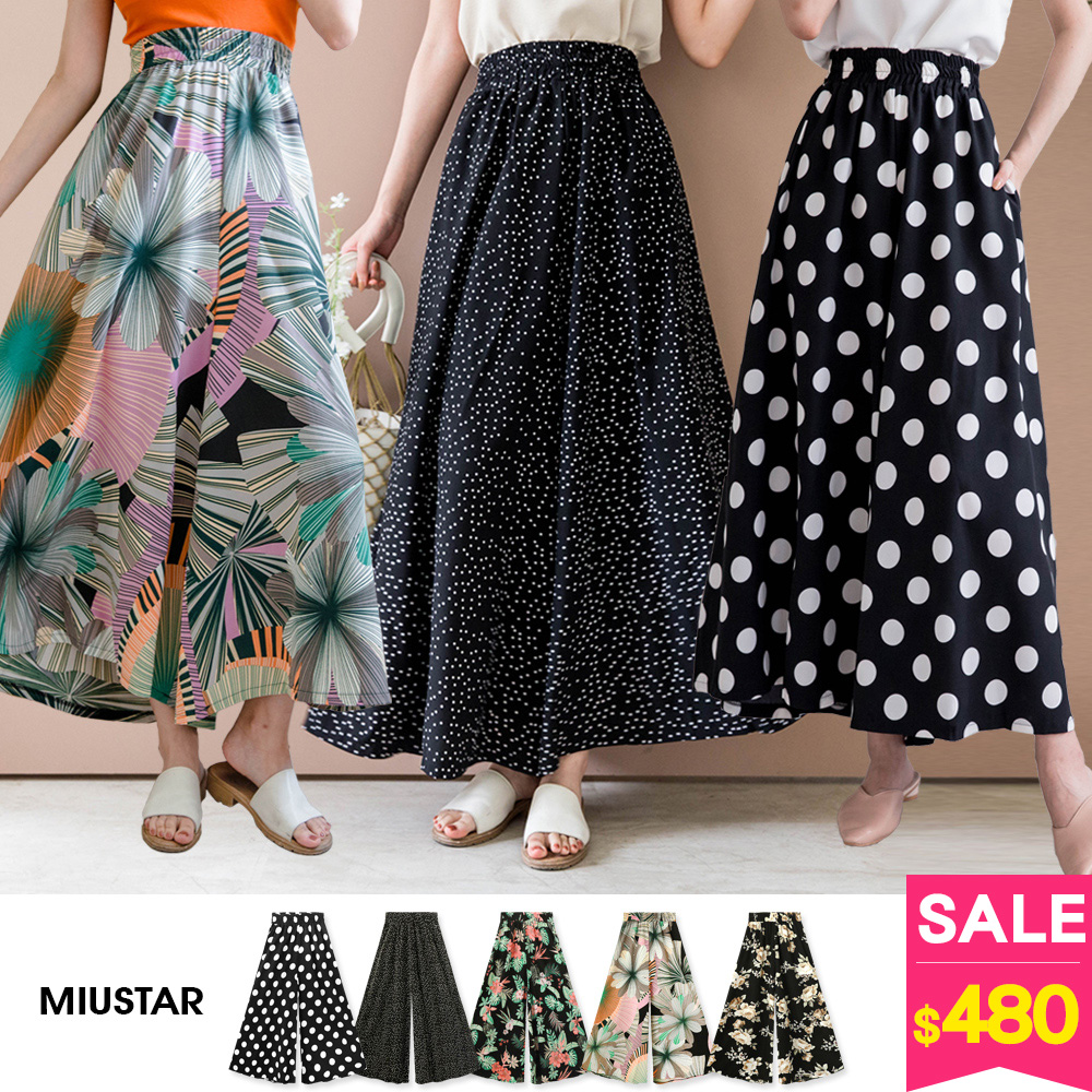 ★限時下殺$480★MIUSTAR 鬆緊圖騰側口袋滑面雪紡寬褲(共5色)0625現貨+預購【NG001334】