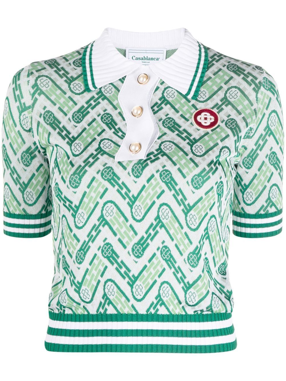 Casablanca - monogram-pattern short-sleeved polo shirt - women - Viscose/Rayon/Spandex/Elastane/Nylon/Polyester - L - Green