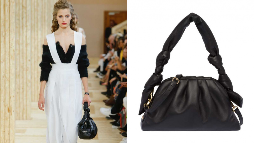 以具有份量感的皮革繩結搭配鬆軟的包型。MIUMIU 納帕軟皮手提包／59,500元（圖／品牌提供）