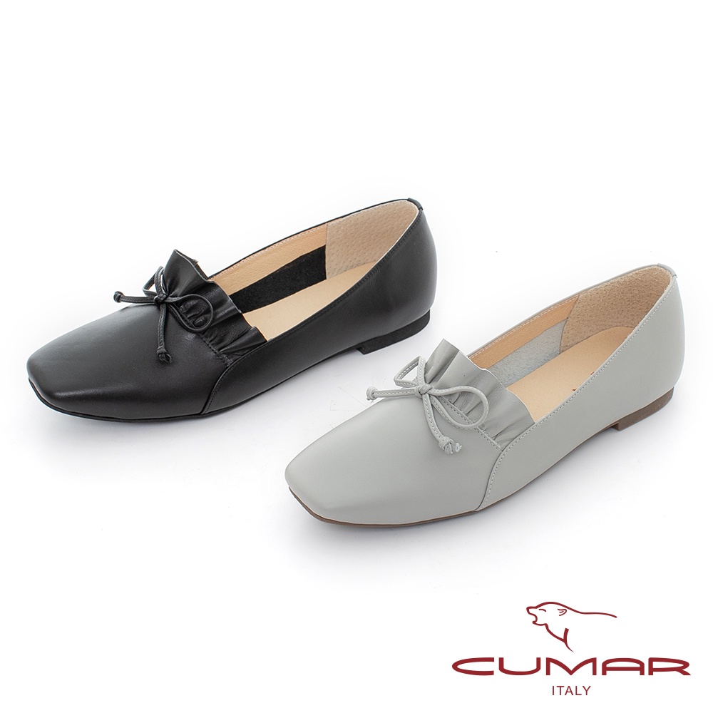 【CUMAR】小方頭波浪抓皺蝴蝶結平底鞋