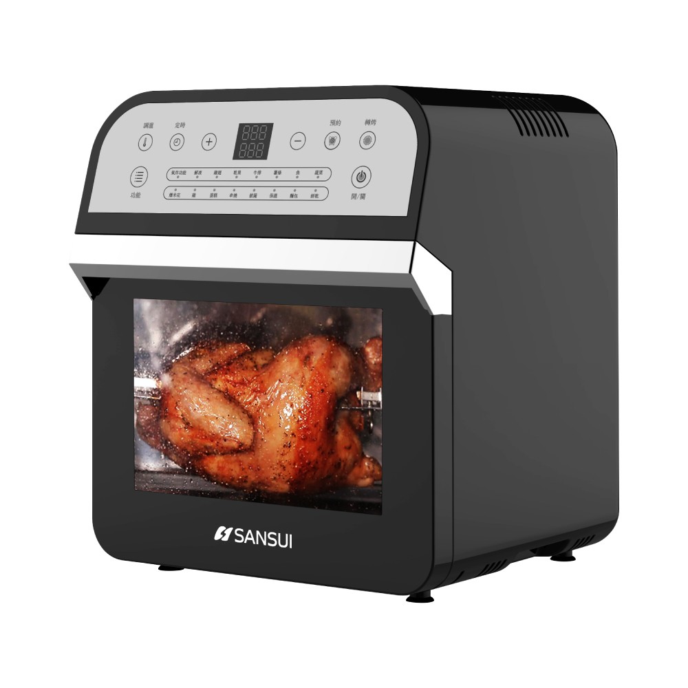 1. 新一代料理神器 創造減油飲食新革命2. 蒸/烤/煎/炸/烘 多功能烹調一機完成!取代家中的氣炸鍋、乾果機、烤麵包機、電烤盤、瓦斯爐、微波爐。3. 360°熱空氣全面均勻加熱，精準鎖住食材原汁原味4. 16種預設菜單，觸控面板一鍵操作，美食輕鬆上桌5. 50～220℃攝氏定溫控制，搭配菜單食譜不出錯6. 超大透明可視窗口與LED照明設計，清楚掌握烘烤程度7. 預約定時功能，即時享用美味料理8. 過熱斷電安全裝置，開啟門與溫度過高時自動關閉電源9. 自動轉烤功能，節慶聚餐時可烘烤全雞或串燒美食10.清潔便利，配件也可放入洗碗機清洗清洗影片介紹: https://www.youtube.com/watch?v=FB5FJ1q0694商品尺寸： 31.5x33.4x37cm淨 重： 7.98kg型 號： SAF-553W黑額定功率：1200W內箱體容量：12L產品尺寸：315*334*370mmBSMI：R3D260保固：1年功能說明：1. 12L大容量不銹鋼內膽旋風氣炸烤箱1. 額定功率：1200W 110V/60Hz2. 16個功能表選擇，一鍵烹飪不同美食3. 50～220℃攝氏度定溫控制4. 預約功能，時間一到即享用健康美食5. 轉烤功能：360度旋轉食物使食物表面受熱更加均勻6. 無高溫油炸，更健康7. 內腔三層可同時製作更多食物8. 產品配件:主機、轉籠夾、網籃、接油盤、烤盤、層架、烤雞叉、炸籃、說明書、保卡