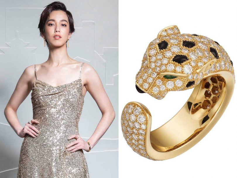 （左）卡地亞形象大使陳庭妮，配戴「美洲豹」系列珠寶，現身【Into the Wild豹影迷蹤】展覽；（右）Cartier「Panthère de Cartier系列」美洲豹戒指╱1,100,000元（圖片提供╱Cartier）