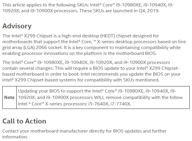 ▲ 由於 UEFI 儲存容量不足，若 X299 晶片組主機板欲取得 Cascade Lake-X 處理器 Core i9-10980XE、i9-10940X、i9-10920X、i9-10900X 支援性，必須拋棄 Kaby Lake-X 處理器 Core i7-7740X、i5-7640X 微碼，繼續使用這 2 款處理器的玩家應特別注意不要升級 UEFI。