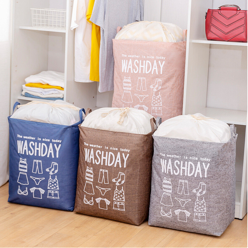 材質棉麻 顏色: 灰色/粉色/淺藍/咖啡/深藍 尺吋42*31*52cm 巨大容量可折疊承受力強防潮收納抽繩設計方便棉被收納