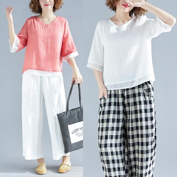 棉麻雙層V領文藝少減齡顯瘦七分袖襯衣襯衫中國風