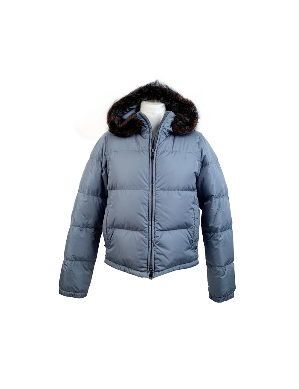 PRADA light blue nylon puffer down jacket, Art. 280721. It features a hooded neckline, beaver fur tr