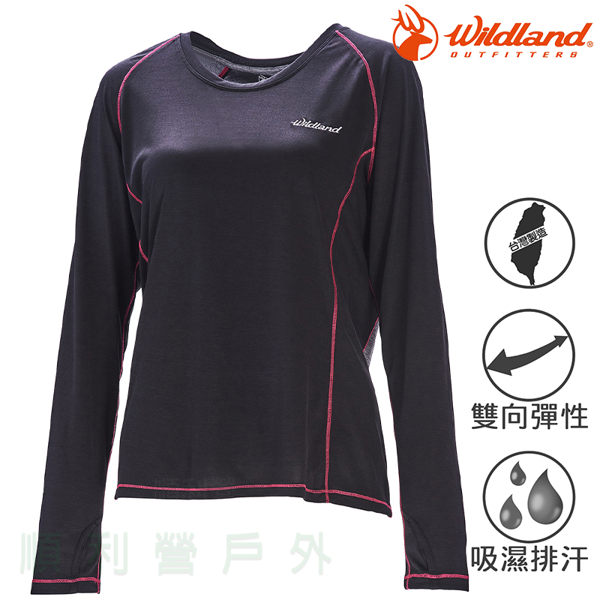 荒野 WILDLAND 女款圓領雙色抗UV長袖上衣 0A71613 黑色 防曬衫 排汗衣 吸排防曬 OUTDOOR NICE