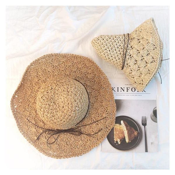 全館免運 韓版可折疊手工大沿草帽遮陽帽子