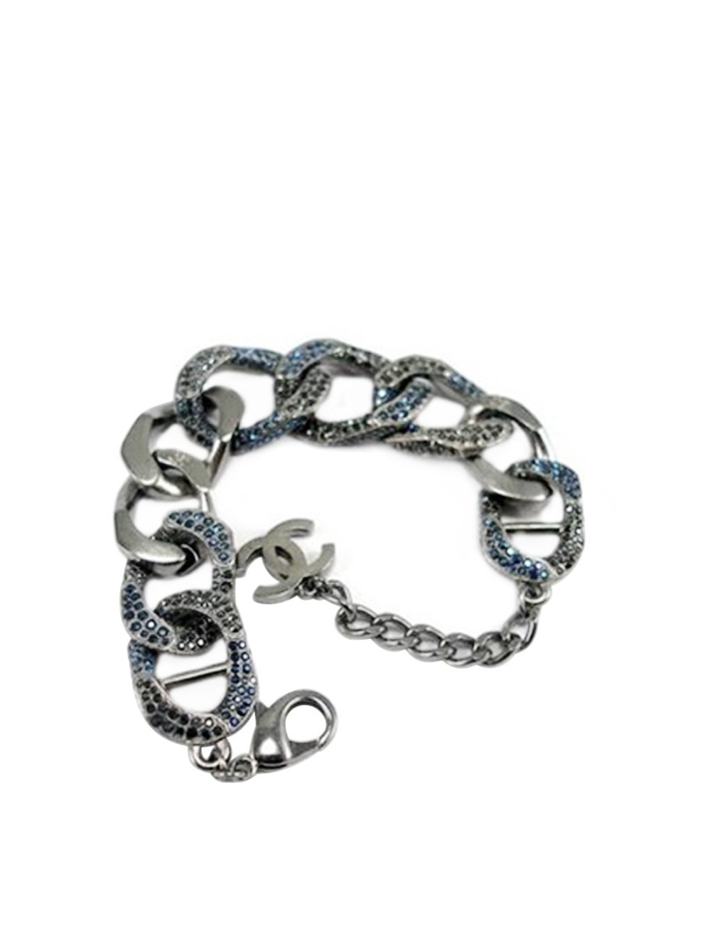 Wonderfull香奈兒手鍊 系列2014 美食家和藍色史特拉 金屬銀 帶有延長鍊和懸掛的CC簽名徽標 Longueur：17到21厘米或6.69到8.26英寸 大：2厘米或0.78英寸 隨附香奈兒