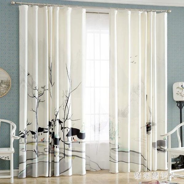 新中式中國風山水畫客廳書房成品窗簾布料遮光落地窗紗