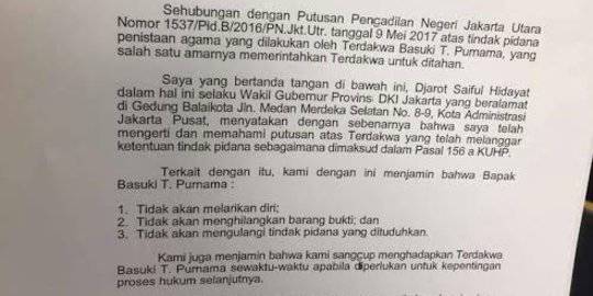 Isi Surat Permohonan Djarot Jamin Penangguhan Penahanan Ahok