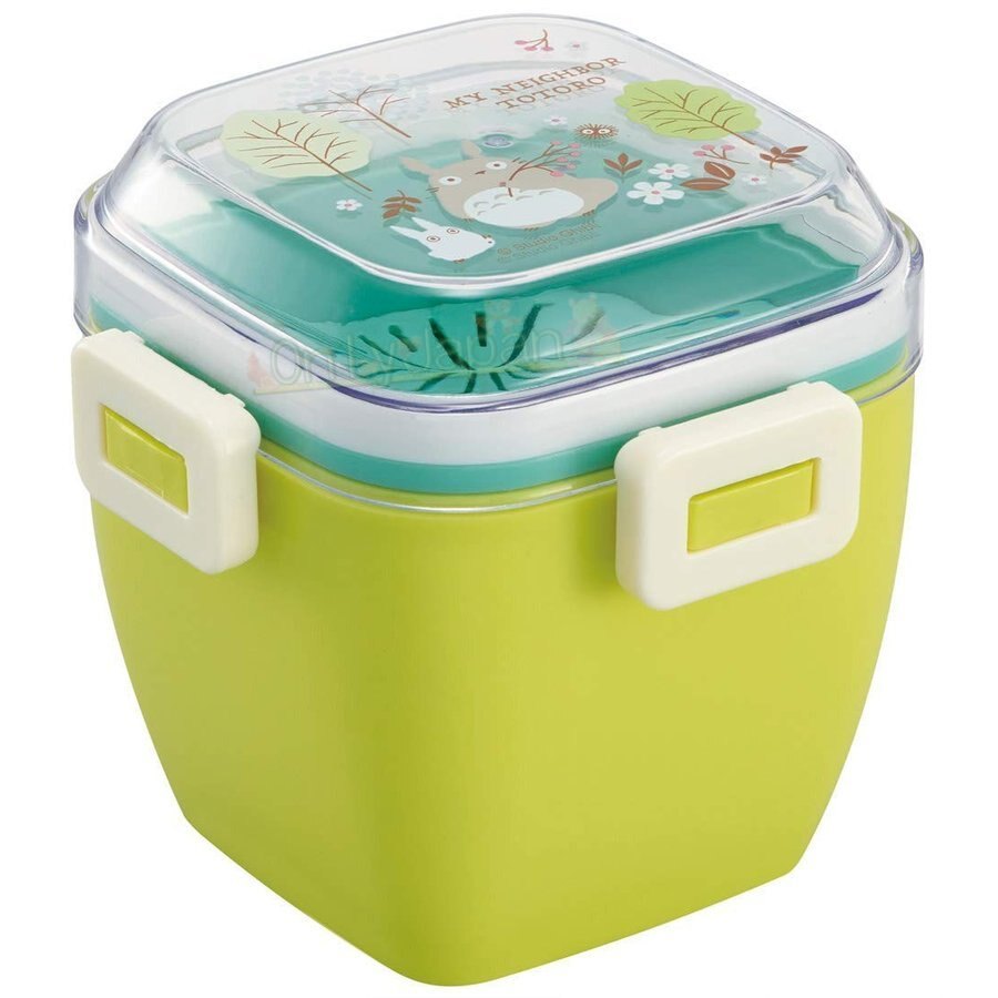 【真愛日本】4973307427497 雙層扣式沙拉收納盒-龍貓花園綠 龍貓 totoro 雙層便當盒 午餐便當 沙拉盒 620ml 保溫盒 食物盒 現貨+預購