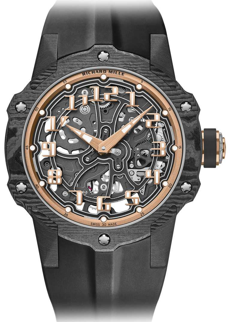 RICHARD MILLE「RM33-02系列」自動上鍊腕錶╱43.5mm，Carbon TPT碳纖維、紅金錶殼，限量140只╱4,690,000元。（圖╱RICHARD MILLE提供）