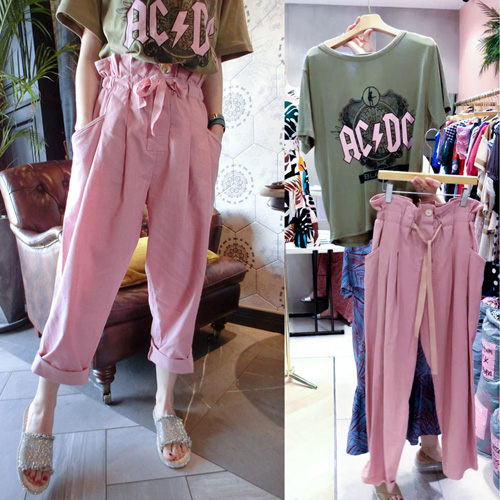 韓系休閒褲裝 休閒露背字母T恤+粉嫩花苞長褲 艾爾莎 【TGK7489】