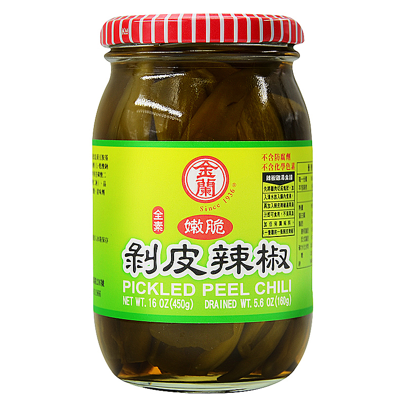 用途:開胃小菜、煮辣椒雞湯 特別清脆爽口辣椒果實口感,清爽系蔬蔡高湯汁,金蘭獨家醬菜釀製技術,透過特殊溫控脫皮技術保持辣椒鮮甜甘脆,有別於其他剝皮辣椒軟爛斷裂,整株辣椒完美呈現,開罐即食不需料理,切絲