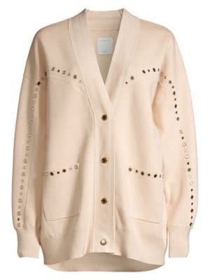 Studs lend a Wild West aesthetic to this oversized boho cardigan.; V-neck; Long drop shoulder sleeve