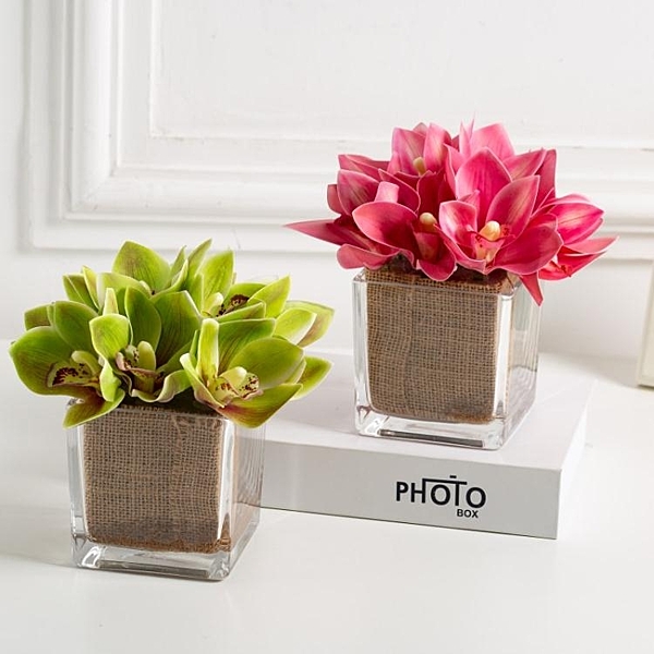 仿真蘭花小盆栽桌花假花會議桌裝飾擺件餐桌擺設輕奢花藝玻璃花瓶