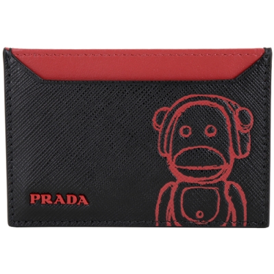 PRADA Pradamalia Otto 紅唇猴子防刮皮卡片夾(黑色)