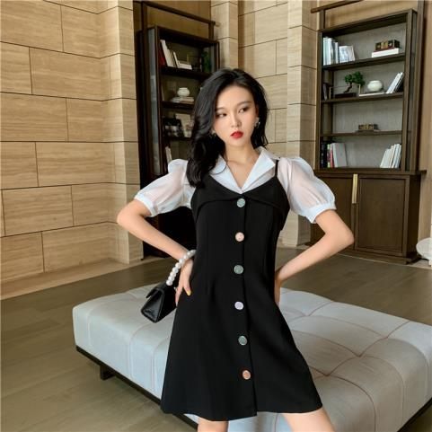 2019夏季新款氣質收腰紐扣修身小吊帶連衣裙女韓版白色襯衫兩件套