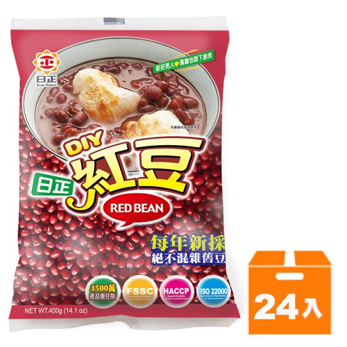 商品規格 日正 DIY紅豆 400g (24入)/箱 品名：【日正】紅豆400g 成分：紅豆 淨重：400公克 保存期限：常溫外拆封下18個月 有效日期：請見標示 原產地：澳洲 營養標示(每一份量50