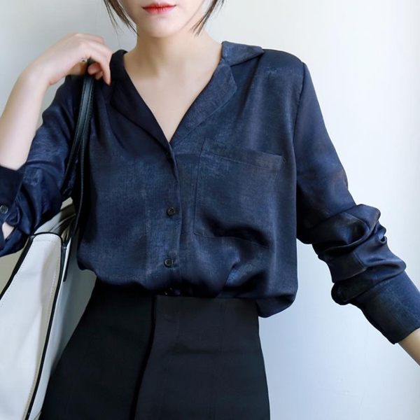 雪紡上衣 春秋韓版襯衫女長袖寬鬆顯瘦設計感洋氣緞面雪紡衫上衣 宜室家居