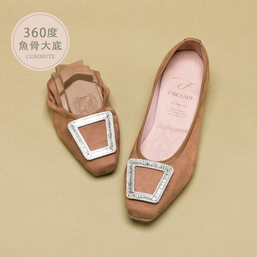 【新品】我的旅行日記 輕奢絲絨方鑽平底鞋 可可 (502760)