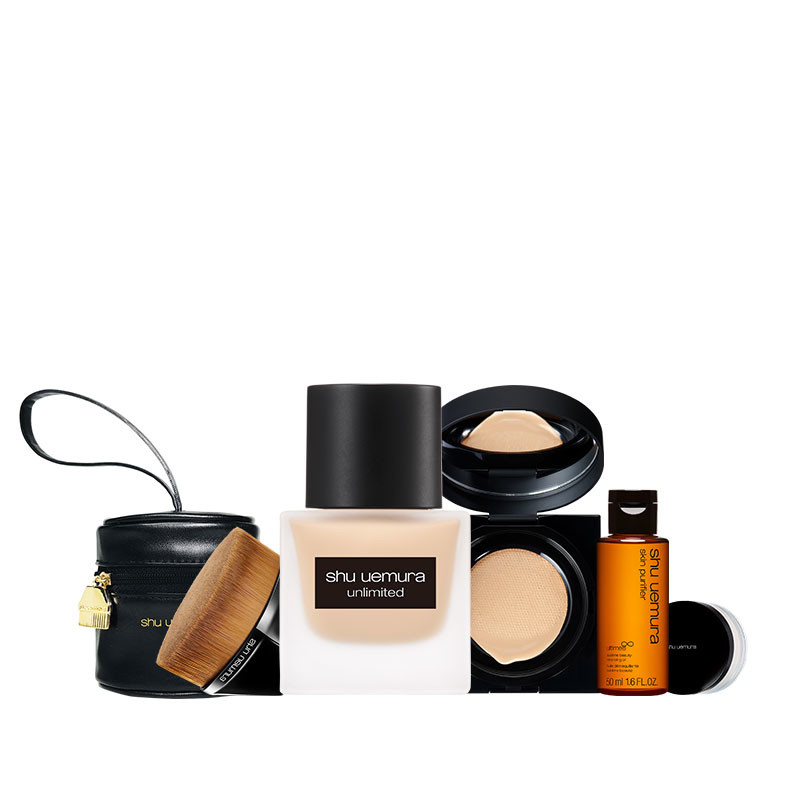 無極限超時氣墊粉餅 SPF36 PA+++任選色+無極限超時輕粉底 任選色+#55零刷痕粉底刷+全新全能奇蹟金萃潔顏油 50ml+THE LIGHTBULB鑽石光蜜粉輕巧版+55刷小包-黑色