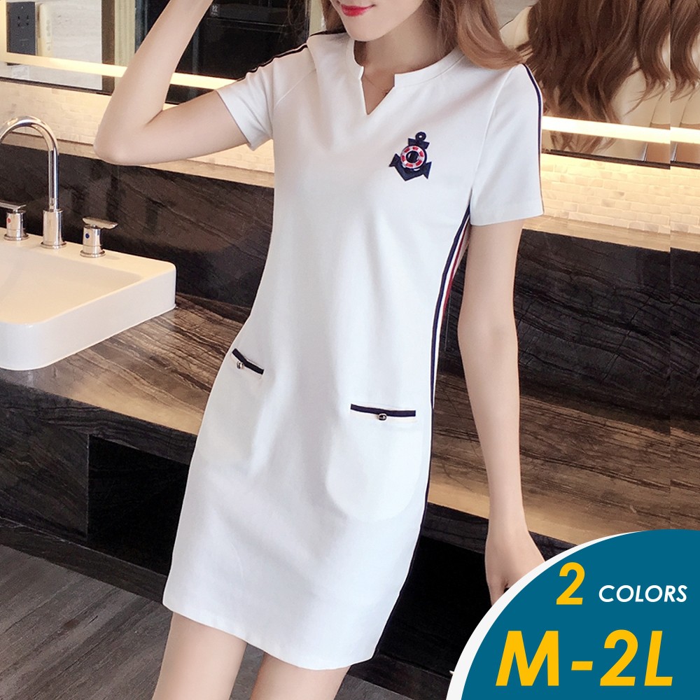 【現貨】韓系運動風船錨圖騰滾邊配色短袖連身裙#7321【俏可】