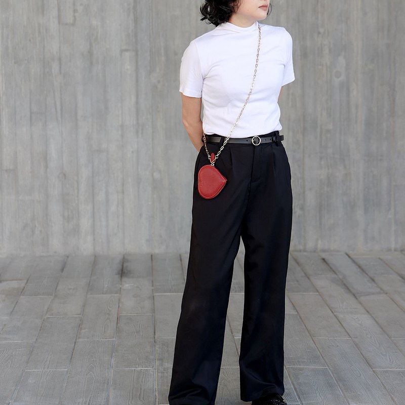 【秋冬新時尚】復古磚紅・心形隨身掛小物收納鏈條泡泡羊皮小廢包