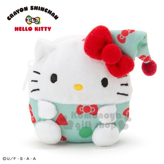 〔小禮堂〕Hello Kitty x 蠟筆小新 迷你造型絨毛零錢包《白綠》耳機包.收納包