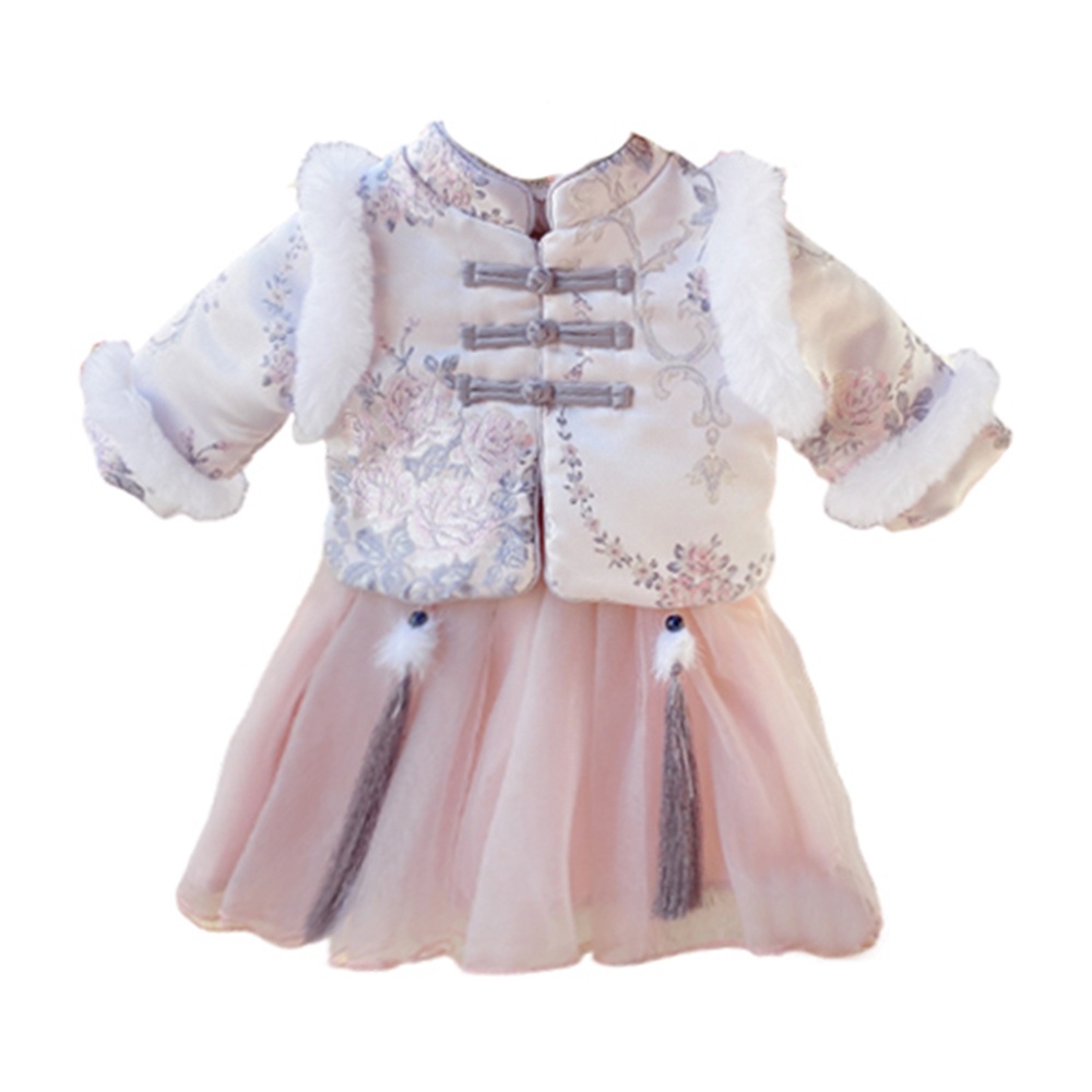 毛毛流蘇刺繡盤扣旗袍內鋪棉上衣+紗裙 套裝 旗袍 童裝 過年 唐裝 新衣 女童 拜年服【p0061232268382】