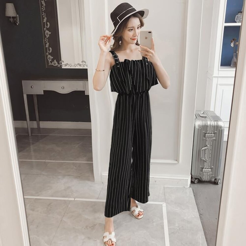 連身褲 高腰闊腿褲女正韓寬鬆抹胸一字肩吊帶條紋背帶九分連體褲女夏套裝【星時代女王】