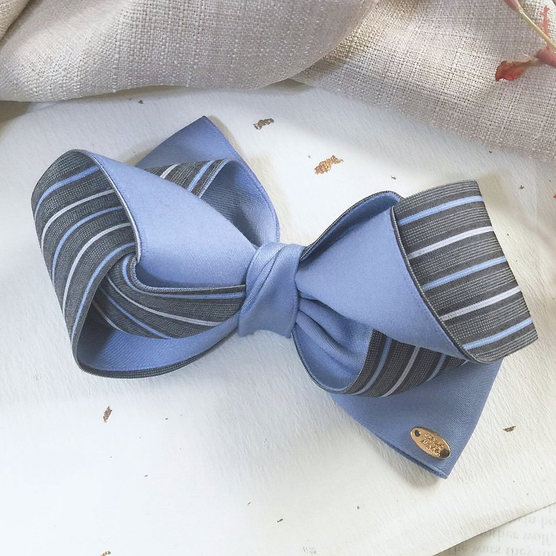 藍 / 條紋雙色多層立體蝴蝶結髮圈 香蕉夾 馬尾夾 彈簧夾 鯊魚夾